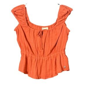 Roxy Womens XS Rust Orange Cotton Gauze Peplum Top Cap Sleeve Smocked Waist